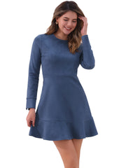 Faux Suede Round Neck Long Sleeve Ruffle Hem Party Mini Dress
