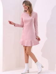 Faux Suede Round Neck Long Sleeve Ruffle Hem Party Mini Dress