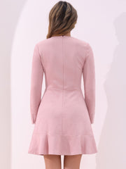 Faux Suede Round Neck Long Sleeve Ruffle Hem Party Mini Dress
