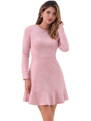 Faux Suede Round Neck Long Sleeve Ruffle Hem Party Mini Dress