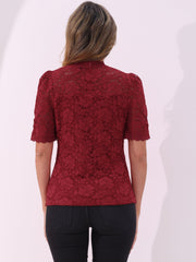 Floral Lace Mock Neck Puff Short Sleeve Blouse