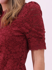 Floral Lace Mock Neck Puff Short Sleeve Blouse