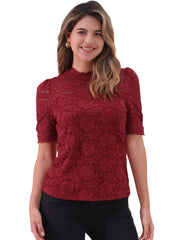 Floral Lace Mock Neck Puff Short Sleeve Blouse
