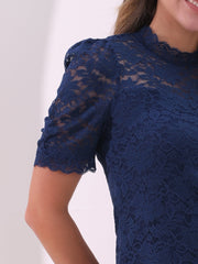 Floral Lace Mock Neck Puff Short Sleeve Blouse