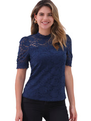 Floral Lace Mock Neck Puff Short Sleeve Blouse
