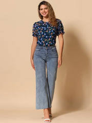 Chiffon Short Sleeve Ruffled Trim Floral Blouse Top