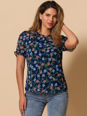 Chiffon Short Sleeve Ruffled Trim Floral Blouse Top