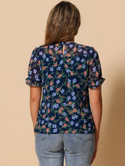 Chiffon Short Sleeve Ruffled Trim Floral Blouse Top