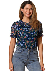 Chiffon Short Sleeve Ruffled Trim Floral Blouse Top