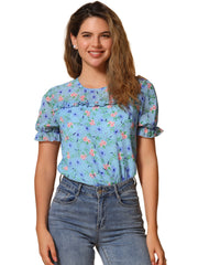 Chiffon Short Sleeve Ruffled Trim Floral Blouse Top