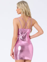 Women's Metallic Sparkly Club Party Mini Shiny Bodycon Spaghetti Strap Dress