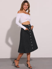Stretchy High Waist Buttons Front A-Line Flowy Pockets Midi Skirt
