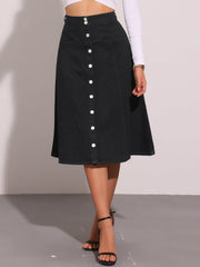 Stretchy High Waist Buttons Front A-Line Flowy Pockets Midi Skirt