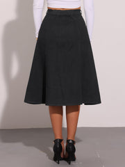 Stretchy High Waist Buttons Front A-Line Flowy Pockets Midi Skirt
