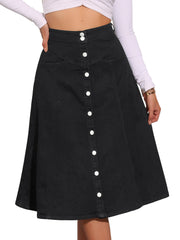 Stretchy High Waist Buttons Front A-Line Flowy Pockets Midi Skirt