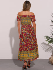 Boho Floral Off Shoulder Puff Sleeves Maxi Smocked Dress