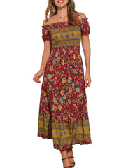 Boho Floral Off Shoulder Puff Sleeves Maxi Smocked Dress