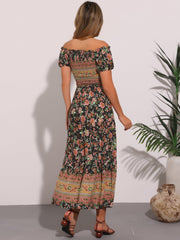 Boho Floral Off Shoulder Puff Sleeves Maxi Smocked Dress
