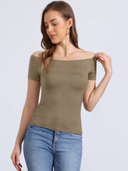 Off Shoulder Short Sleeve Solid Basic Sexy Slim Fit Blouse