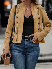 Faux Suede Long Sleeves Button Decor Cropped Jacket