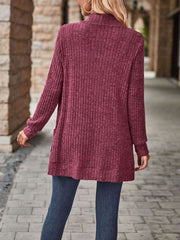 Solid Color Ribbed Knit Long Sleeves Pocketed Cardigan