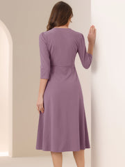 Notch Neck 3/4 Sleeve Pocketed Solid A-Line Work Dress
