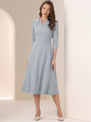 Notch Neck 3/4 Sleeve Pocketed Solid A-Line Work Dress