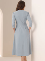Notch Neck 3/4 Sleeve Pocketed Solid A-Line Work Dress