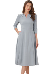 Notch Neck 3/4 Sleeve Pocketed Solid A-Line Work Dress