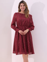 Puff Long Sleeve Metallic Stars Boat Neck Pockets Mesh Midi Dress