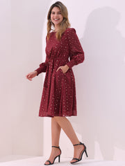 Puff Long Sleeve Metallic Stars Boat Neck Pockets Mesh Midi Dress