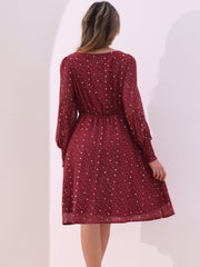 Puff Long Sleeve Metallic Stars Boat Neck Pockets Mesh Midi Dress