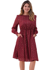 Puff Long Sleeve Metallic Stars Boat Neck Pockets Mesh Midi Dress
