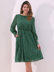 Puff Long Sleeve Metallic Stars Boat Neck Pockets Mesh Midi Dress