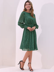 Puff Long Sleeve Metallic Stars Boat Neck Pockets Mesh Midi Dress