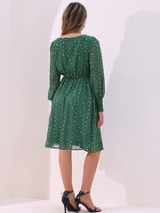 Puff Long Sleeve Metallic Stars Boat Neck Pockets Mesh Midi Dress