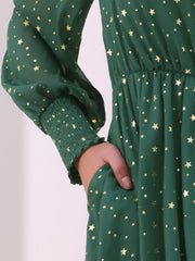 Puff Long Sleeve Metallic Stars Boat Neck Pockets Mesh Midi Dress