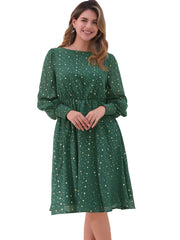 Puff Long Sleeve Metallic Stars Boat Neck Pockets Mesh Midi Dress