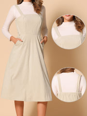 Corduroy Pockets A-Line Sleeveless Casual Midi Pinafore Dress