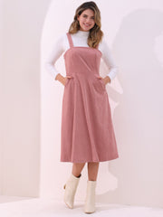 Corduroy Pockets A-Line Sleeveless Casual Midi Pinafore Dress