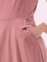 Corduroy Pockets A-Line Sleeveless Casual Midi Pinafore Dress