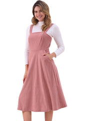 Corduroy Pockets A-Line Sleeveless Casual Midi Pinafore Dress