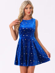 Shiny Stars Print Sleeveless Swing Mini Velvet Dress