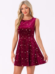 Shiny Stars Print Sleeveless Swing Mini Velvet Dress
