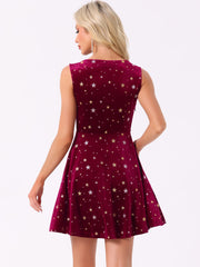 Shiny Stars Print Sleeveless Swing Mini Velvet Dress