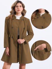 Stand Collar Double Breasted Pocket Long Sleeve A-Line Winter Coats