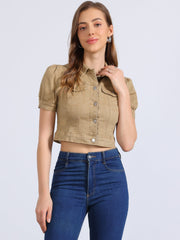 Casual Button-Down Puff Long Sleeve Crop Denim Jacket