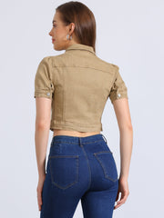 Casual Button-Down Puff Long Sleeve Crop Denim Jacket