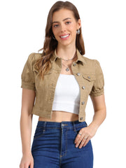Casual Button-Down Puff Long Sleeve Crop Denim Jacket