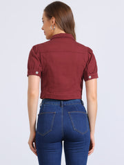 Casual Button-Down Puff Long Sleeve Crop Denim Jacket